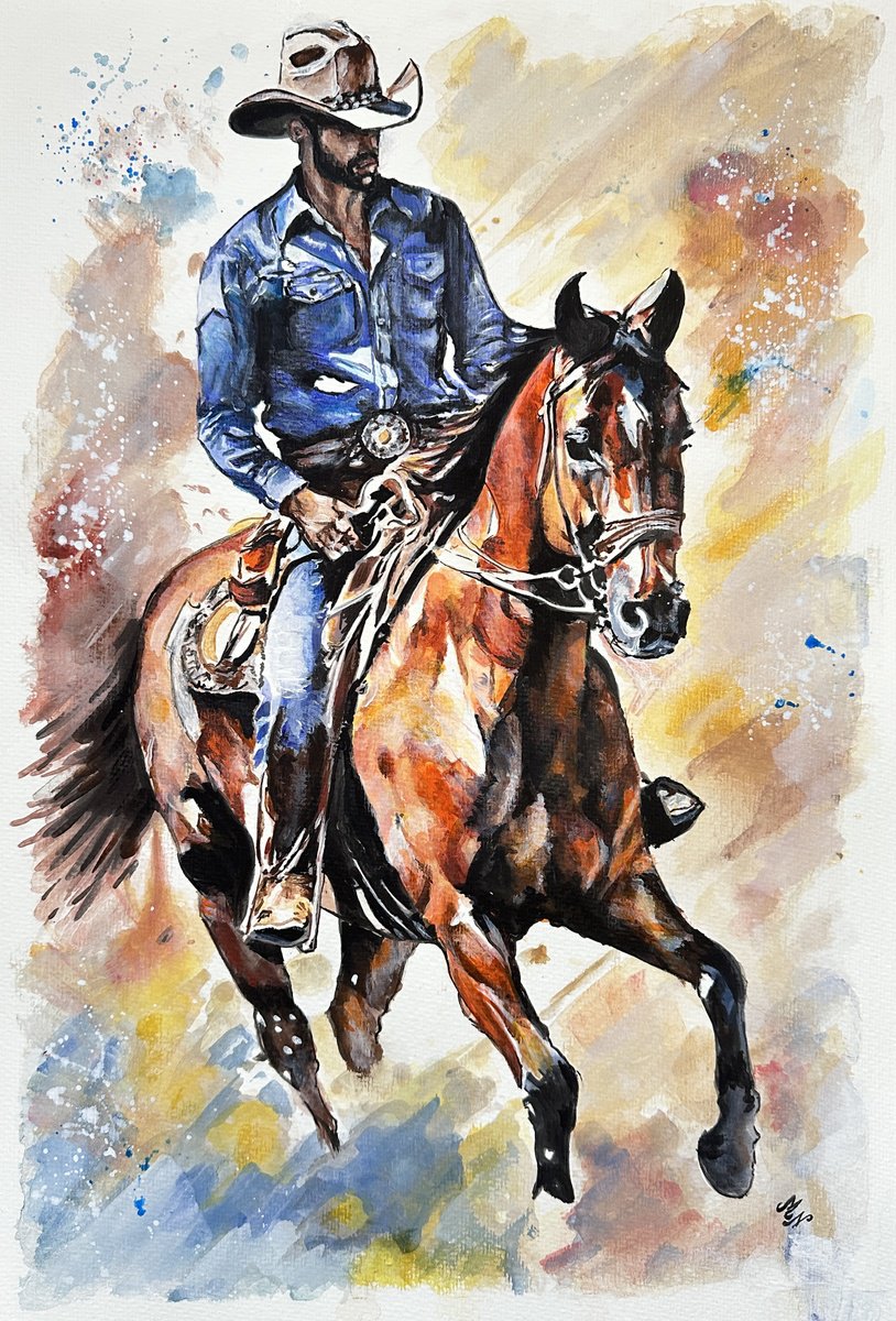 Impressionistic Cityscapes Watercolour By Misty Lady - M. Nierobisz, 13 X 19", The Lone Cowboy,, Original Artwork