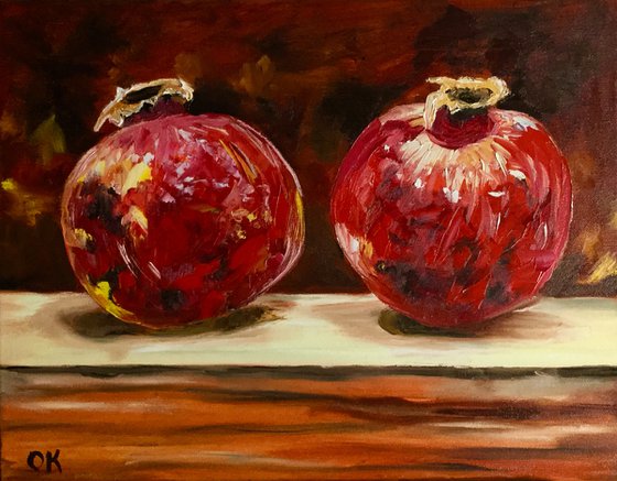 Still life with two  Pomegranates fruits still life original oil painting on canvas wall decor