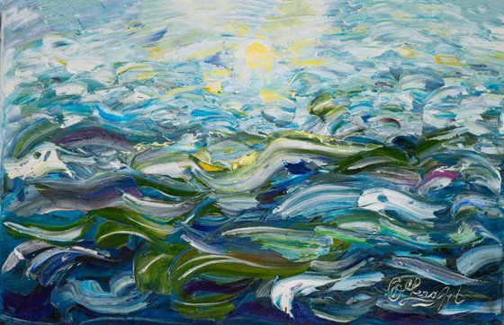 Original Oil Painting with Palette knife on canvas - water, ocean, blue, sea, Impressionist Roling Blue Sea Waves   (11”X 17”X0.5")