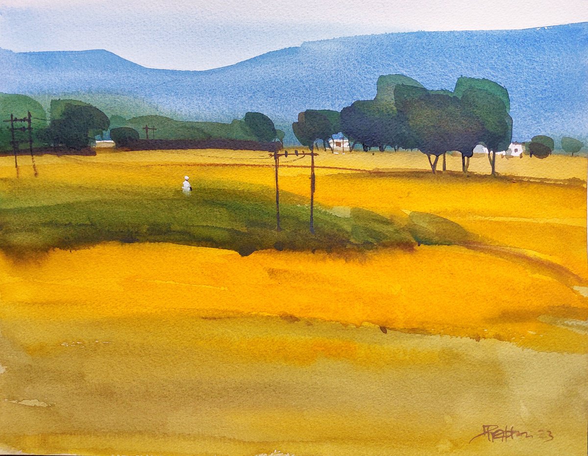 Impressionistic Landscape Watercolour By Prashant Prabhu, 16 X 12", Indian Yellow, Summer Light 1, Original Artwork