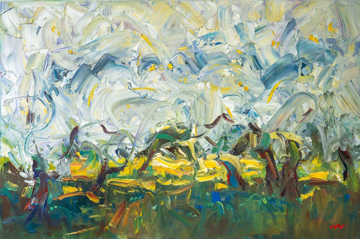 Expressive Landscape Oil Painting By Vasyl Moldavchuk, 24 X 16", Spring Apple Blossom Orchard, Original Artwork