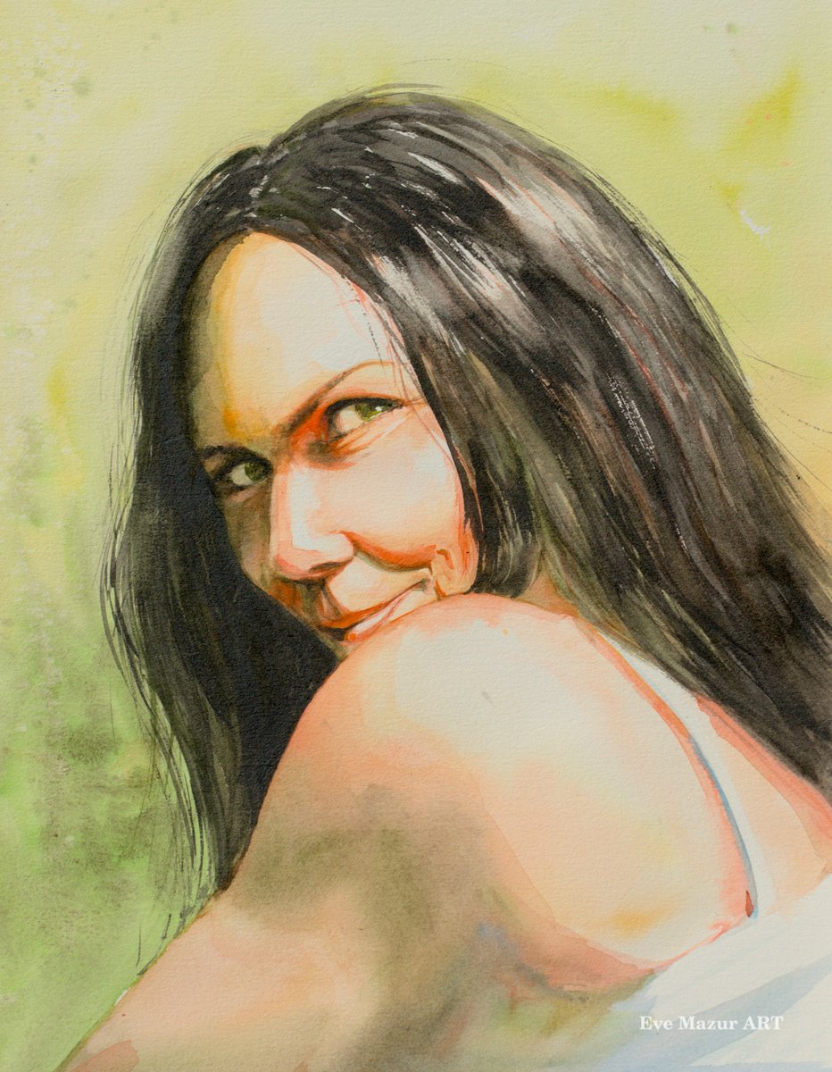 Impressionistic Portrait Watercolour By Eve Mazur, 12 X 16, I