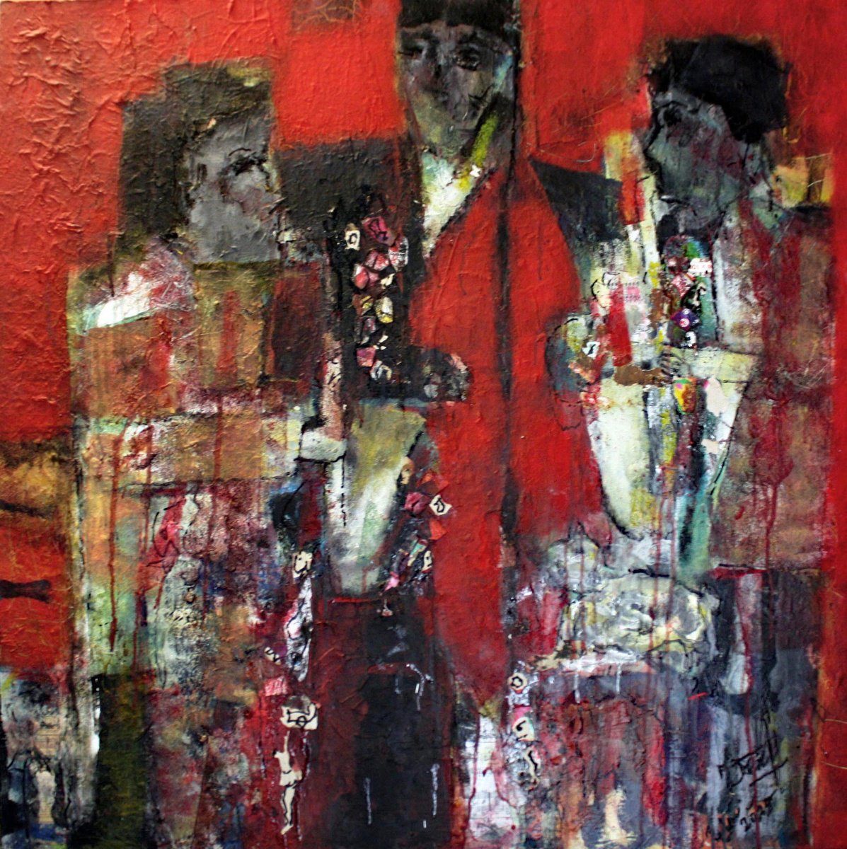 Geometric Portrait Painting By Jacques Donneaud, 39 X 39, Black Musicians, Original Artwork