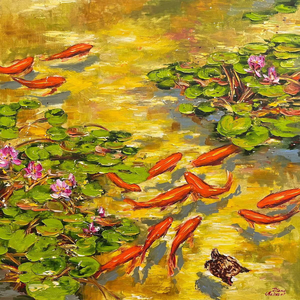 Koi Fish Pond with a Little Turtle by Diana Malivani
