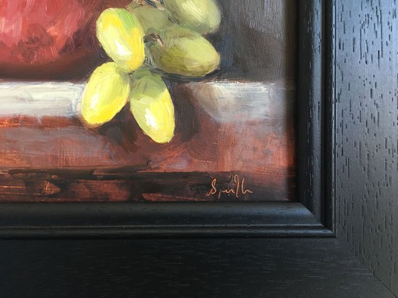 Pomegranate & Green Grapes; Classical still life oil painting.
