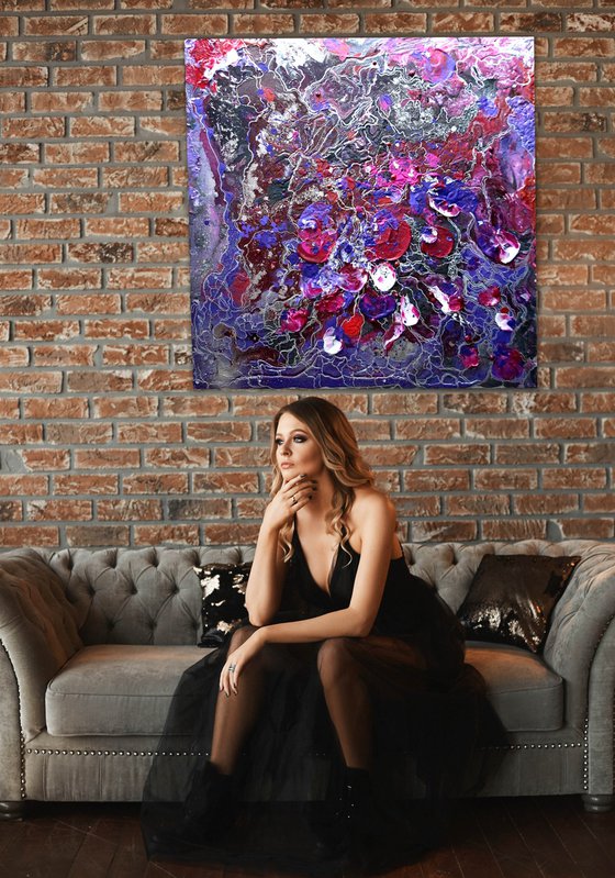 Rose soul - 100x100 cm Large abstract painting. Burgundy lilac wall art