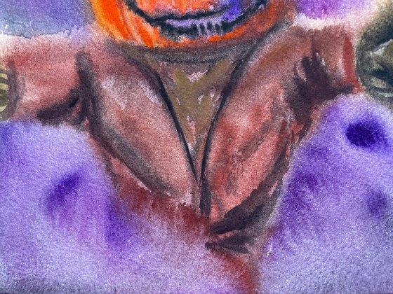 Halloween Watercolor Painting Original, Scarecrow Artwork, Spooky Season Wall Art