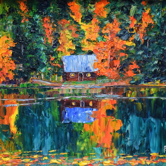 Fall woodland house original oil painting on canvas, autumn forest landscape, cozy home decor