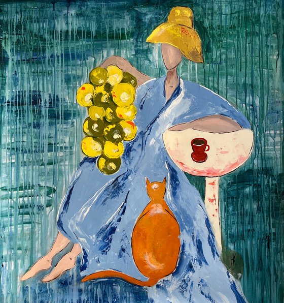 Woman with Cat Painting