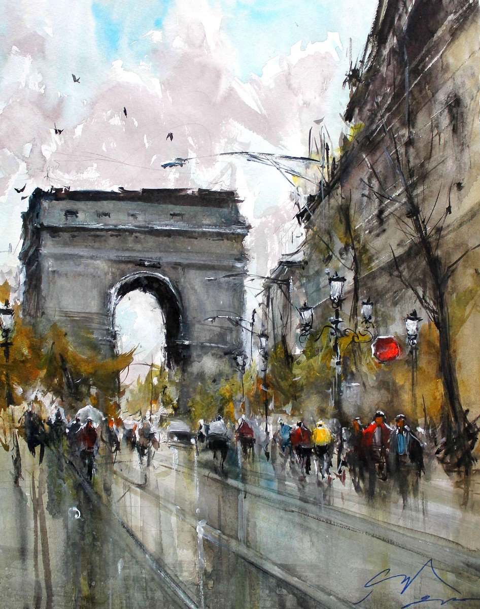 Impressionistic Watercolour , Raining At Arc De Triomphe By Maximo Damico, 11 X 15, Artwork For Sale On Artfinder