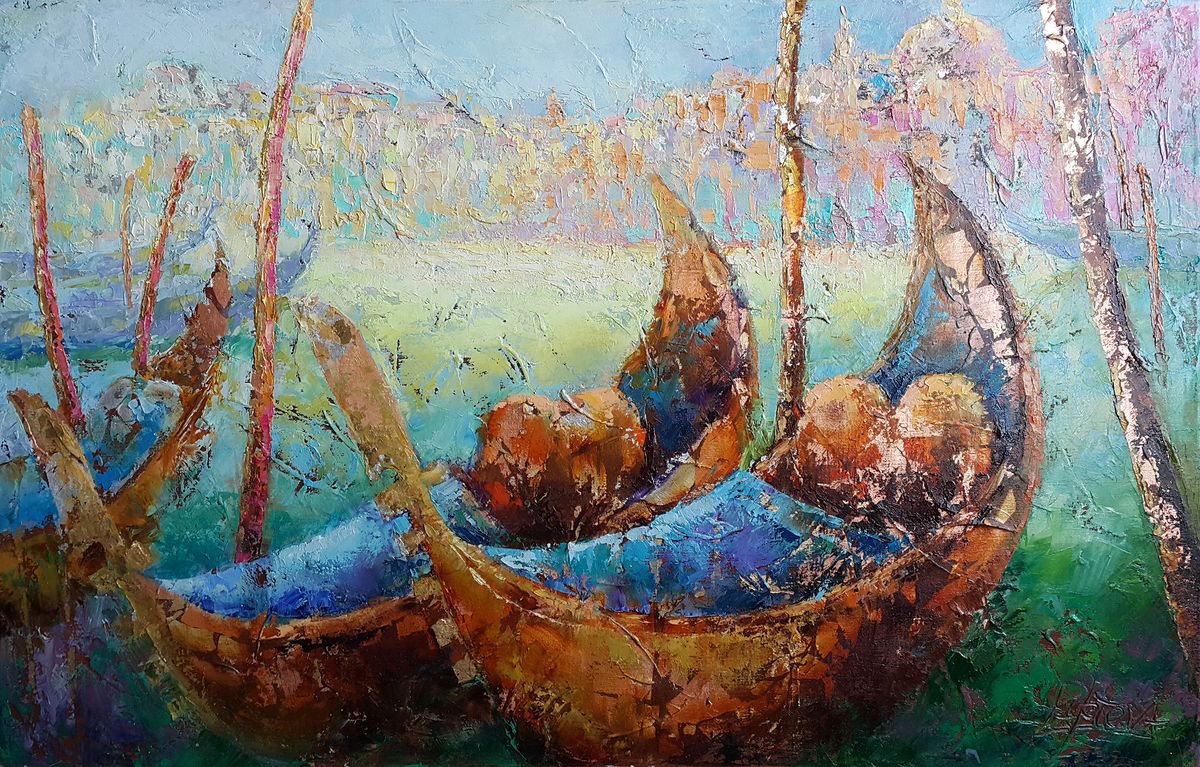 Impressionistic Cityscapes Oil Painting By Viktoria Lapteva, 31 X 20", Couple In Love, Original Artwork