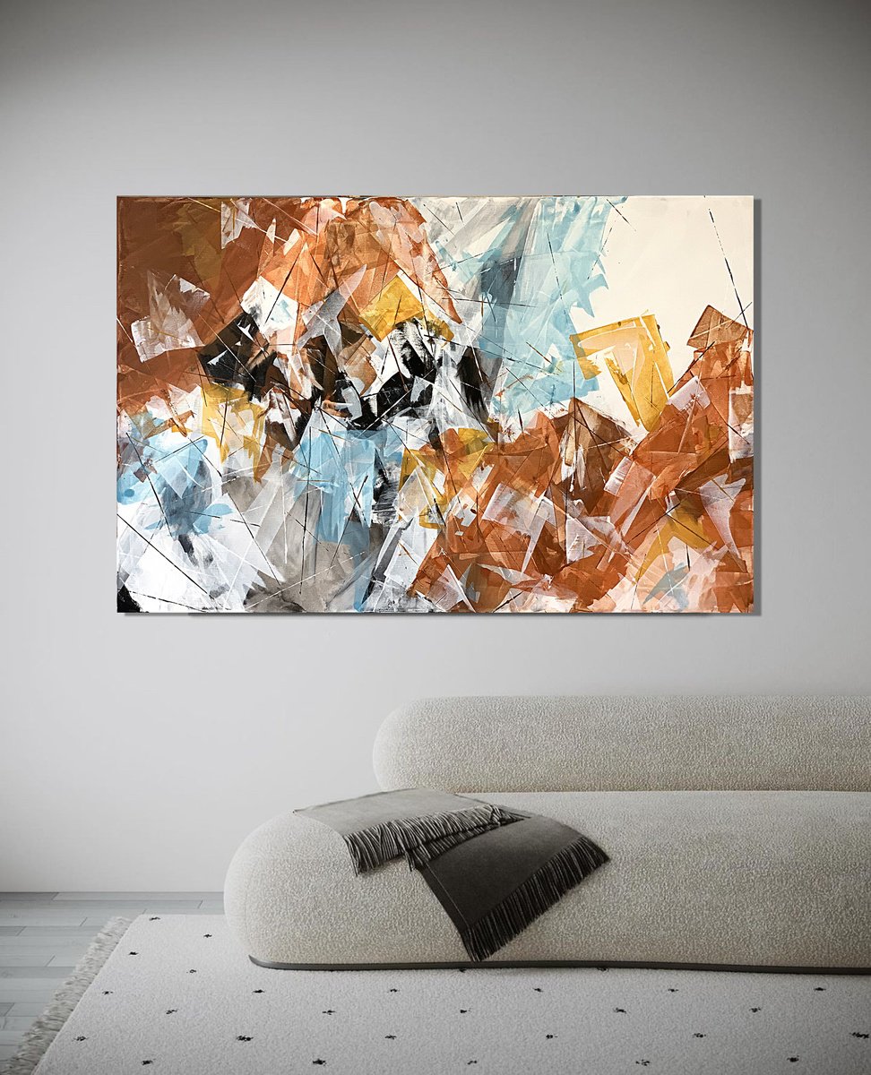 Geometric Abstract Acrylic Painting By Tatiana Malinovscaia, 43 X 28", Orange, Blue Abstraction., Original Artwork
