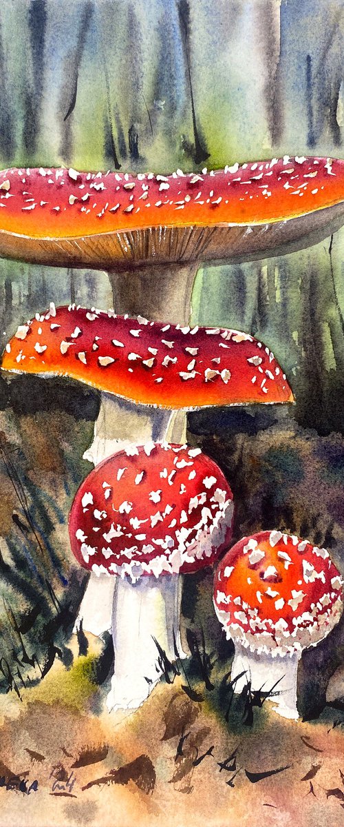 Sunlit Forest Mushrooms by Irina Povaliaeva