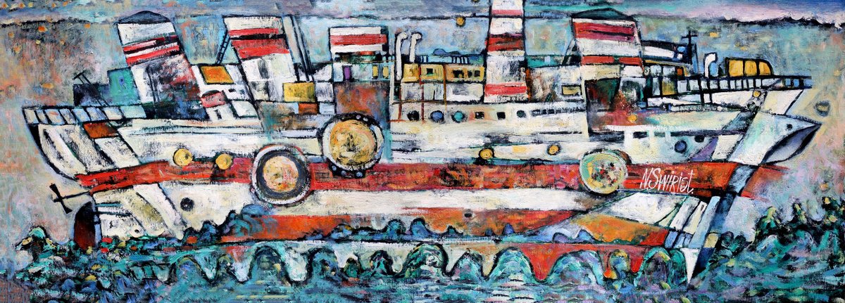 Impressionistic Landscape Oil Painting By Nikifor Swiristuhin, 55 X 20", Fun Cruise., Original Artwork