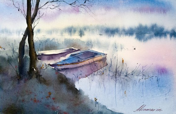 Quiet evening on the lake. Original watercolor picture.