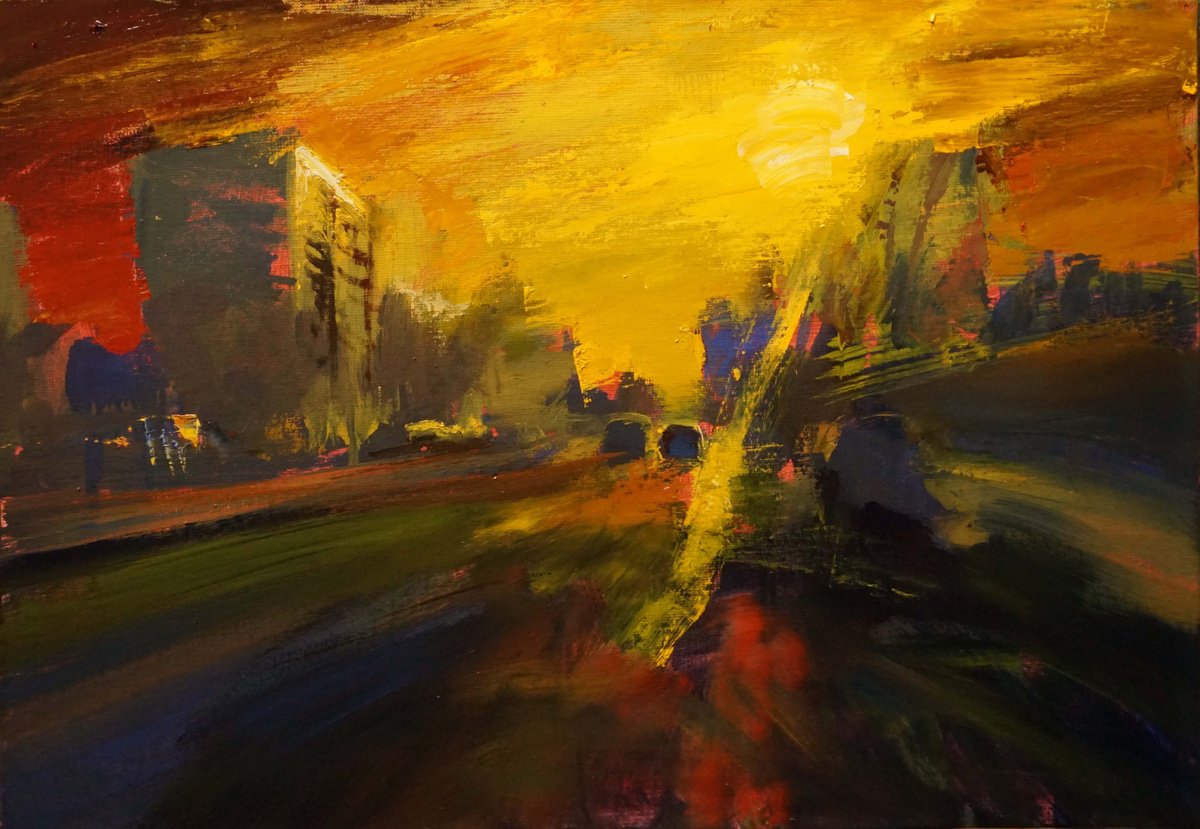 Urban And Pop Landscape Oil Painting By Manuel Leonardi, 29 X 20", The End ( Of The Day ), Original Artwork