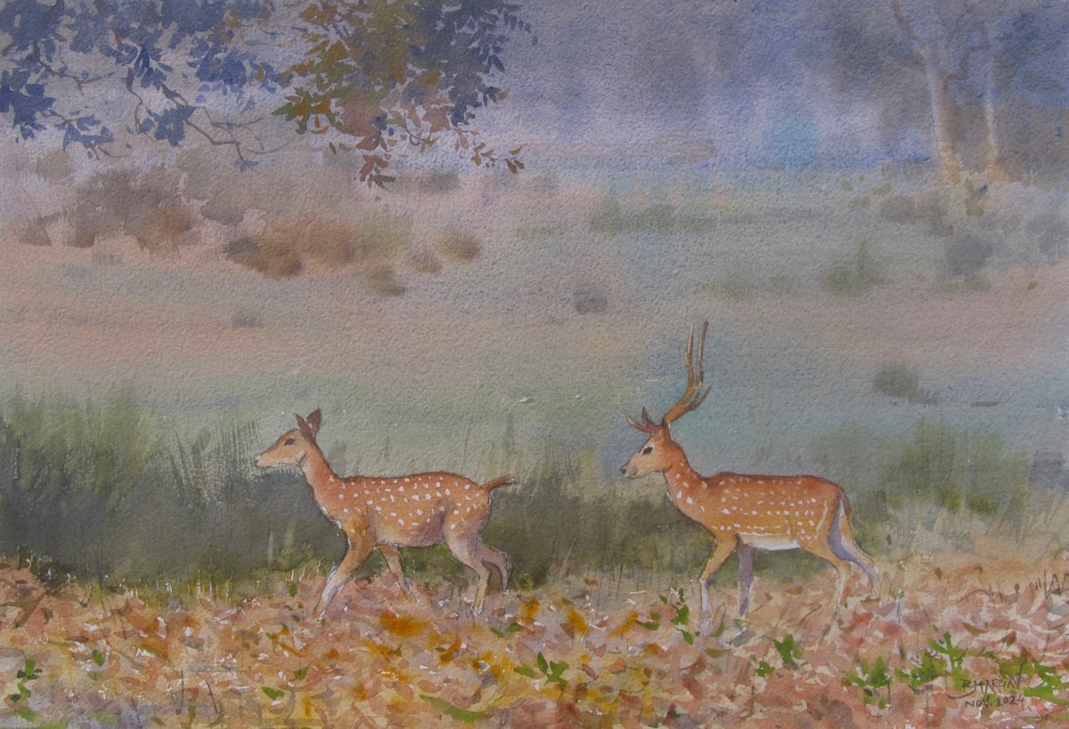 Impressionistic Animal Watercolour By Bhargavkumar Kulkarni, 18 X 12, Evening Stroll Into The Wild, Original Artwork