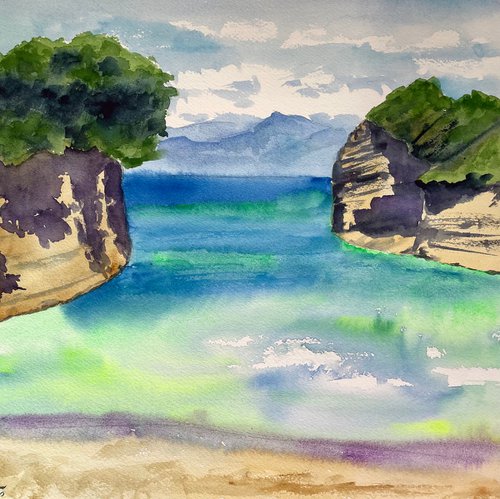 Beach Wall Art, Ocean Painting, Sea Original Watercolor Painting, Greece Landscape Art by Kate Grishakova