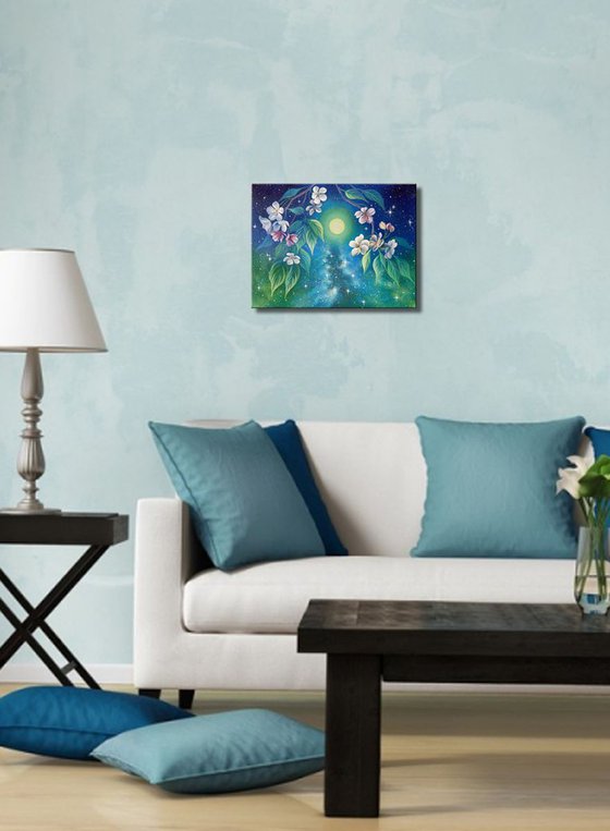 "Starry night", blossom painting, moonscape, floral art
