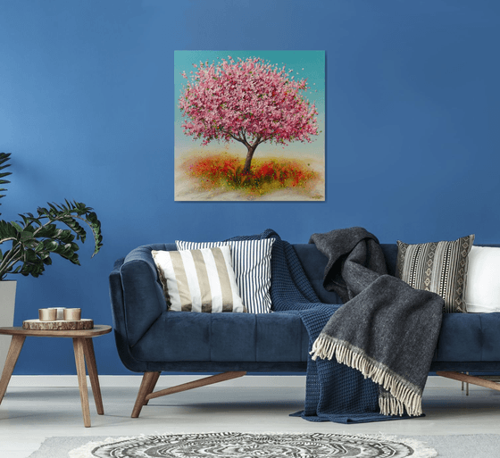 ”Spring Blooming Tree” 35.4" Large Mixed Media Painting