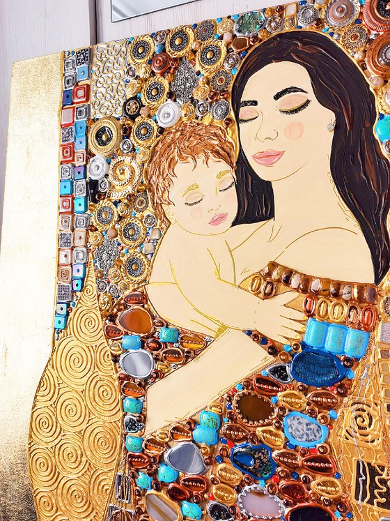 Mother and child (Klimt inspired). NATURAL GEMSTONES & mosaic