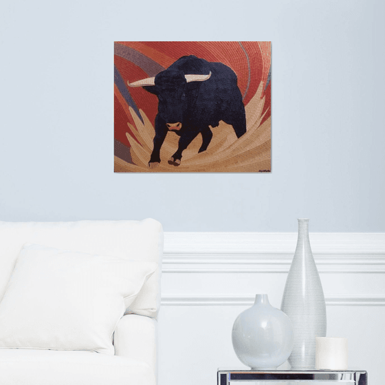 The Storm - Glass mosaic black bull art; home, office decor; gift idea
