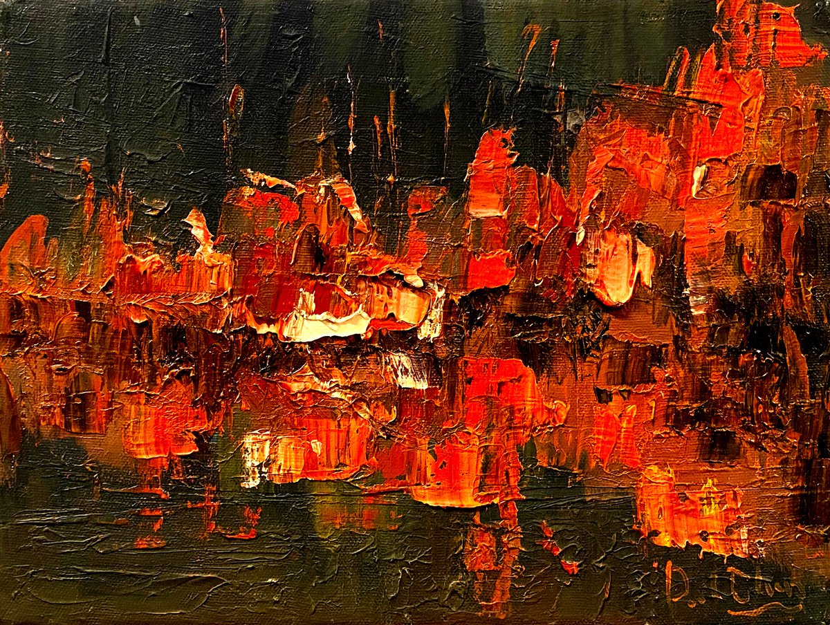 Abstract Oil Painting By Paul Cheng, 12 X 9", Abstract Reflection In Water, Original Artwork