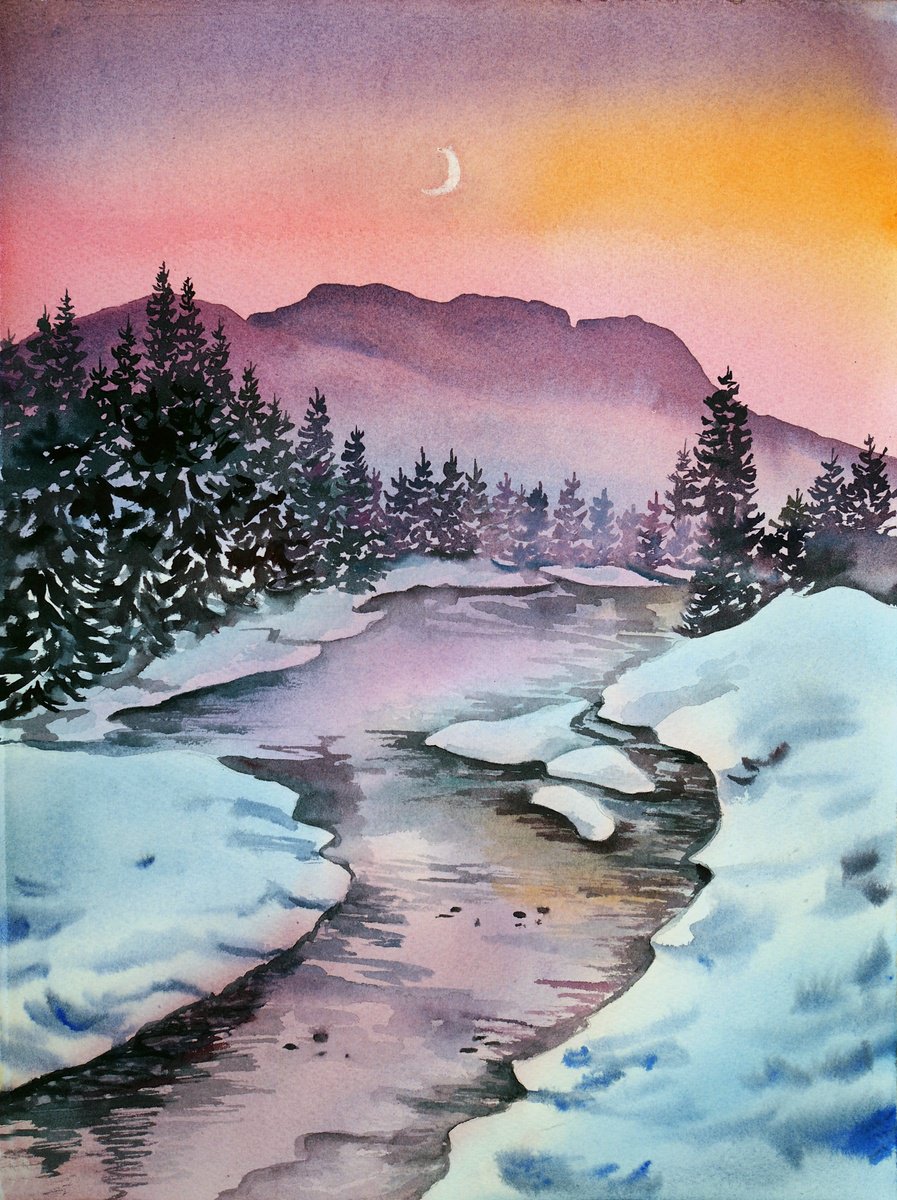 Impressionistic Landscape Watercolour By Delnara El, 11 X 15, Winter Forest At Sunset, Original Artwork