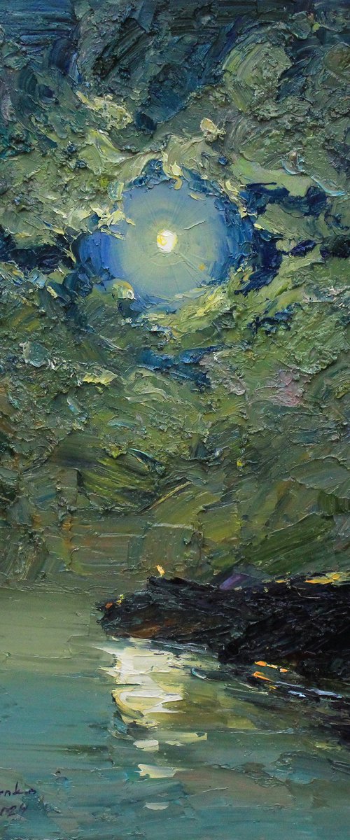 Full moon night in the bay. Moon and clouds seascape by Alisa Onipchenko-Cherniakovska