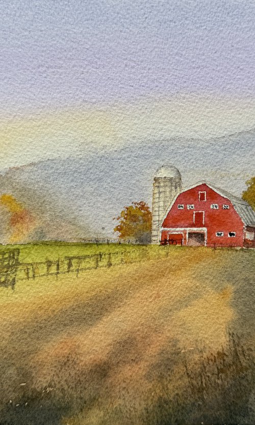 Red barn in New England autumn by Shelly Du