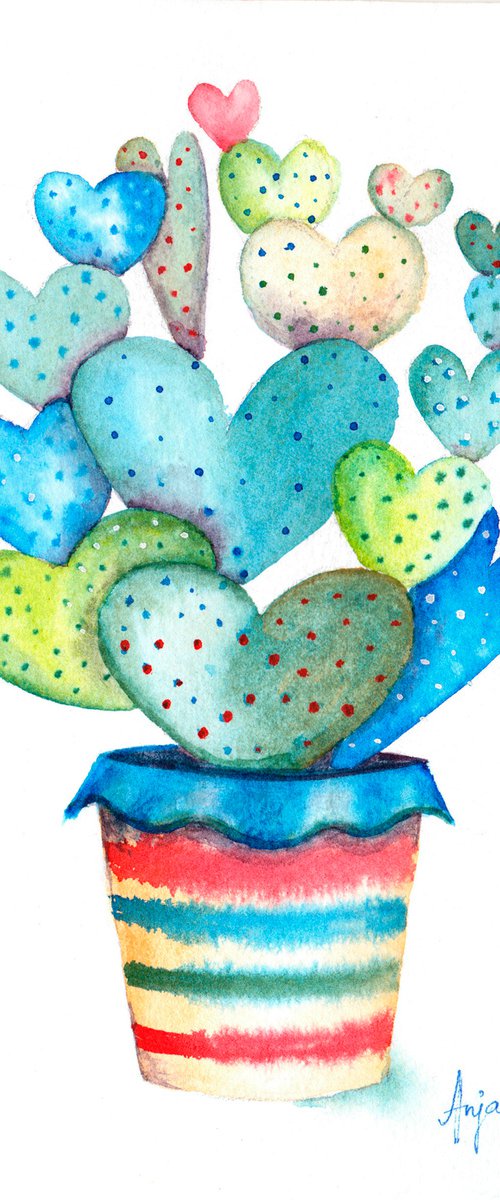 Cactus, Original Watercolour Painting, Cactus Wall Art, Valentine's Day Gift, Heart painting by Anjana Cawdell