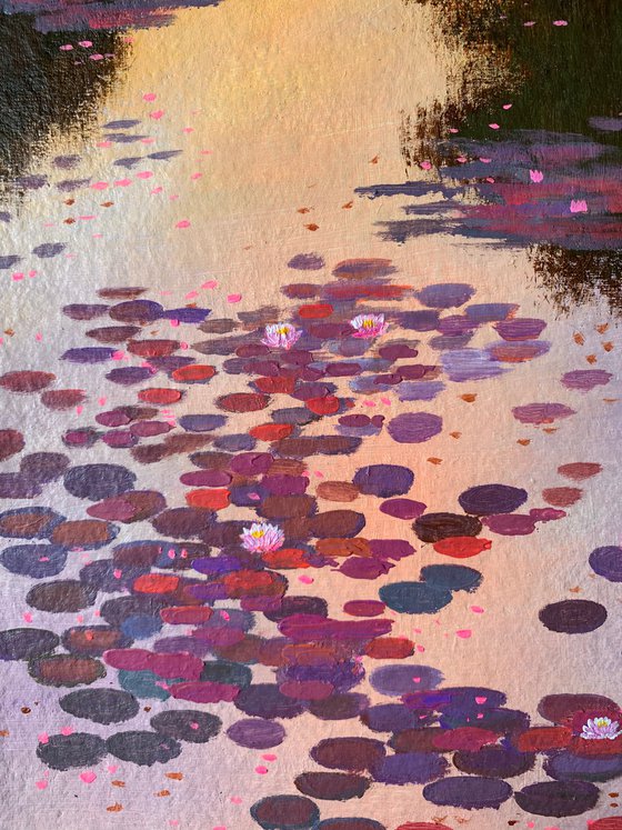 Sunset glow on lily pond! A3 size Painting on Indian handmade paper