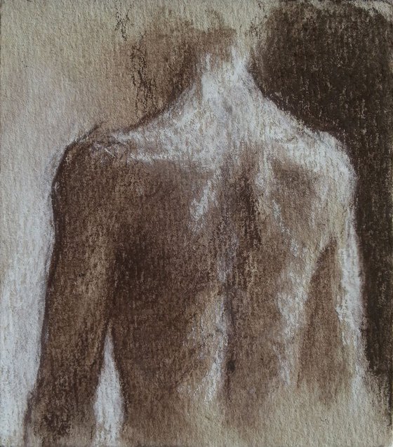 Set of 4 miniatures sketches of male nude body - chest - back - sanguine pastel drawing