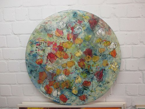abstract golden flowers Oilpainting round canvas 31,5 inch by Sonja Zeltner-Müller