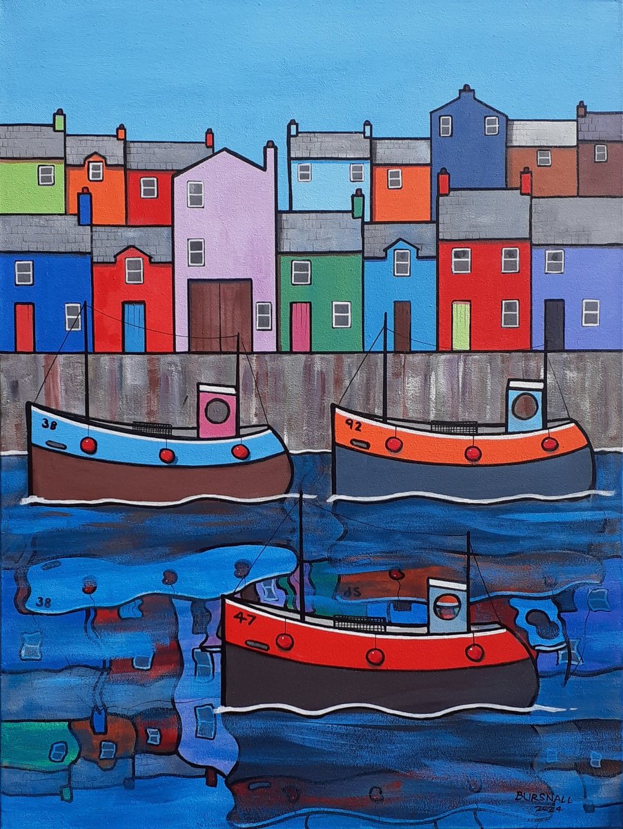 Naive Landscape Acrylic Painting By Paul Bursnall, 26 X 33", Reflective Levels, Original Artwork