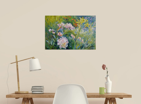 Peonies and Lilies in a Garden