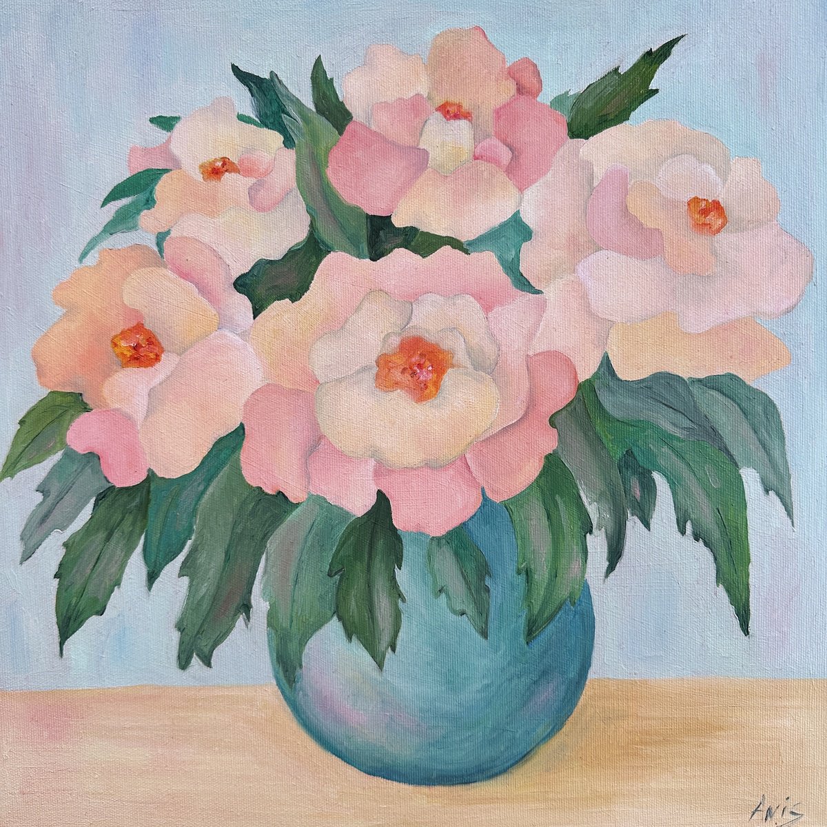 Impressionistic Botanical Oil Painting By Irina Anis, 16 X 16, Bouquet With Pink Flowers, Original Artwork