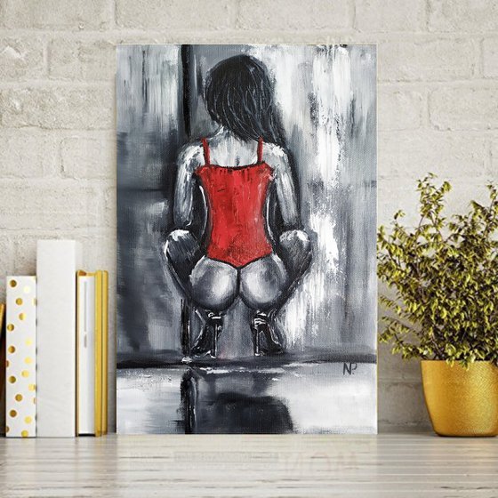 In red, original nude erotic, small painting, gift, bedroom art