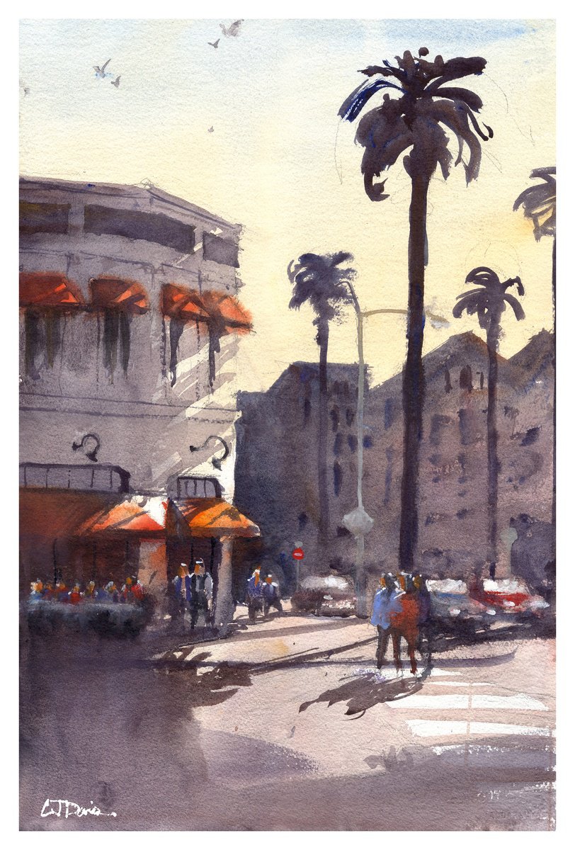 Impressionistic Cityscapes Watercolour By Cj Davis, 15 X 22, Afternoon Light, Original Artwork