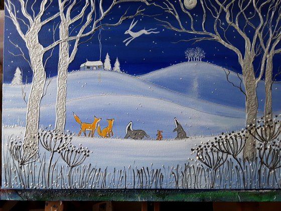 Night of the Moon Hare - Mystical Art - White Hare - Winter Painting - Snow Scene