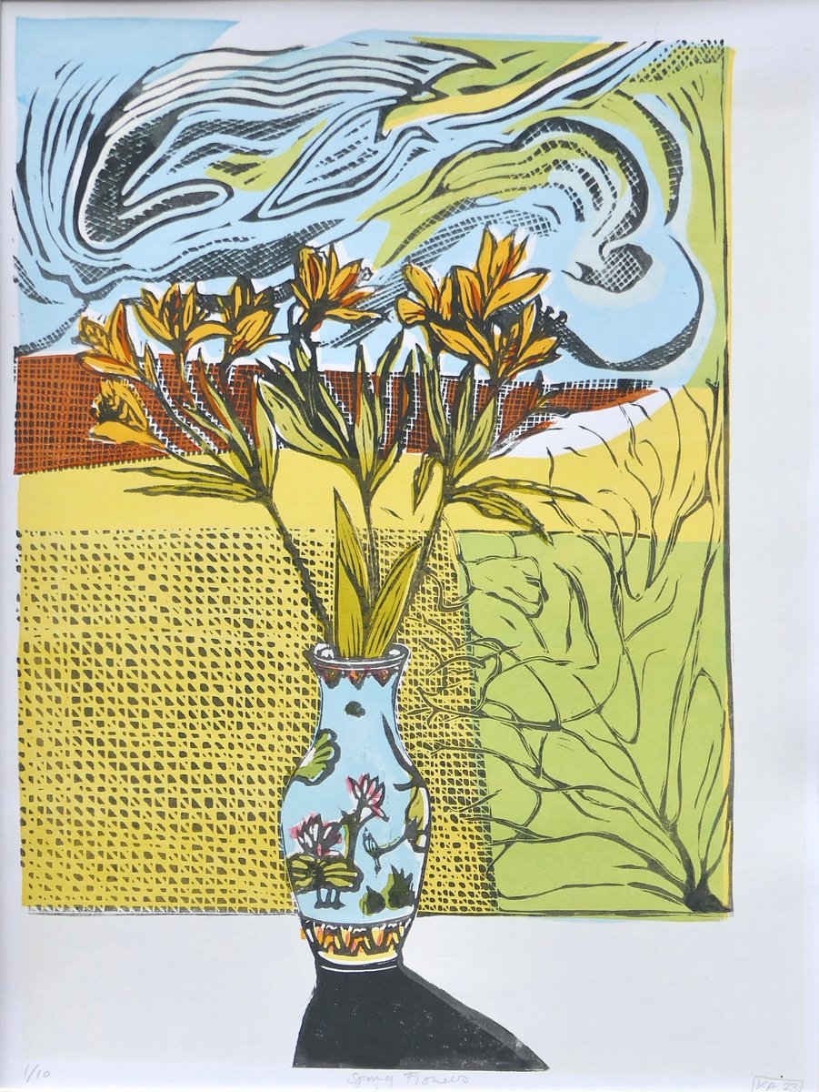 Illustrative Still Life Linocut By Keith Alexander, 20 X 24", Spring Flowers On A Sunny Day, Original Artwork