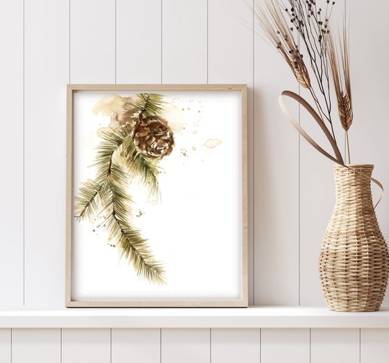 Pine Tree Branches with Pine Cones watercolor paintings 3 set