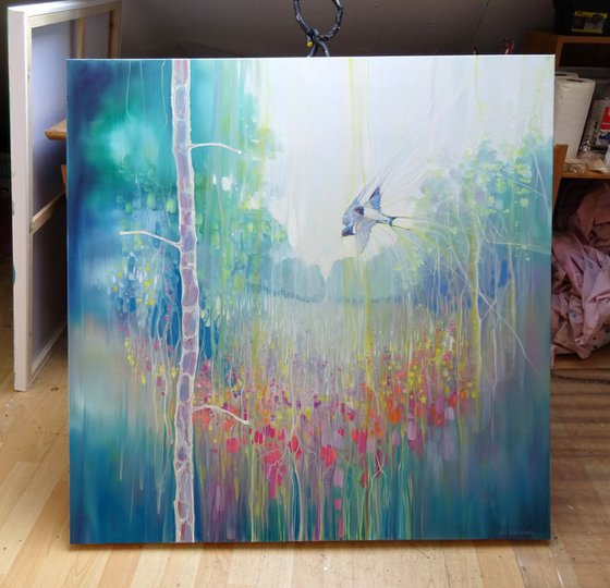 Weaving Summer - large, semi abstract oil on canvas of a summer meadow with swallows