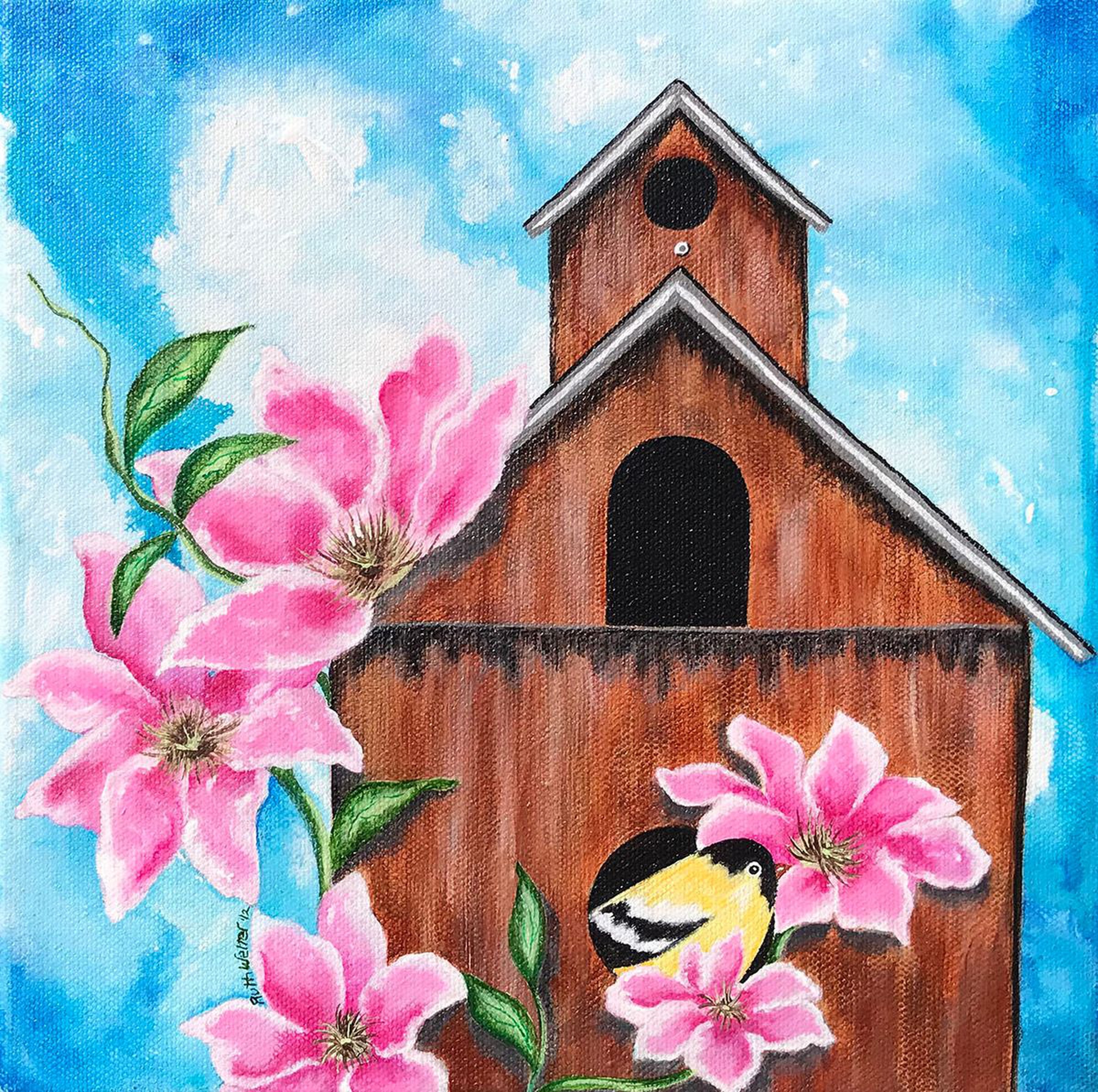 Goldfinch Clematis Birdhouse Acrylic Painting Artfinder