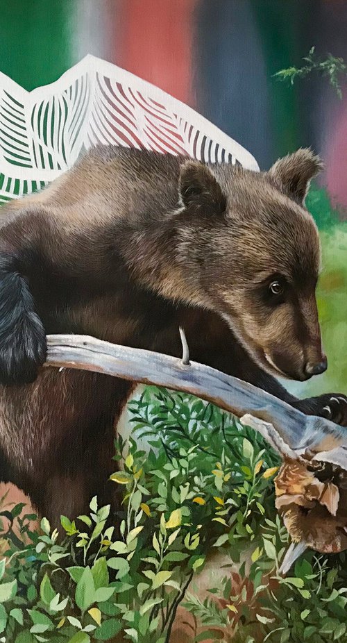 The bear-cub near the driftwood. by Kakajan Charyyev