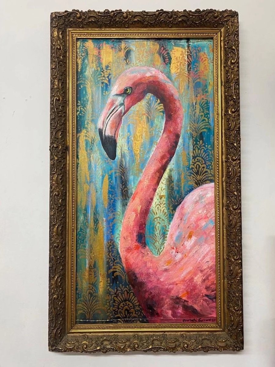 Expressive Animal Painting By Charlotte Gerrard, 18 X 37, Fabulous Flamingo, Original Artwork