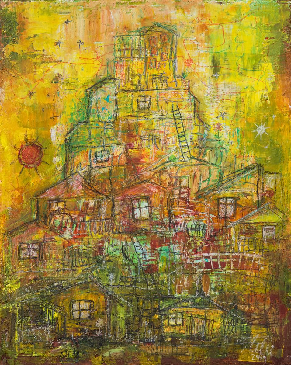 Expressive Cityscapes Acrylic Painting By Peter Zelei, 16 X 20", Self Portrait (As A Village), Original Artwork