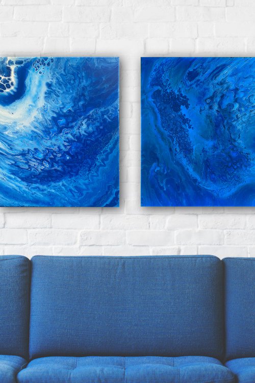 "I Got The Blues" - Save As A Series - Original PMS Abstract Diptych Fluid Acrylic Paintings On Canvas - 32" x 20" by Preston M. Smith (PMS)