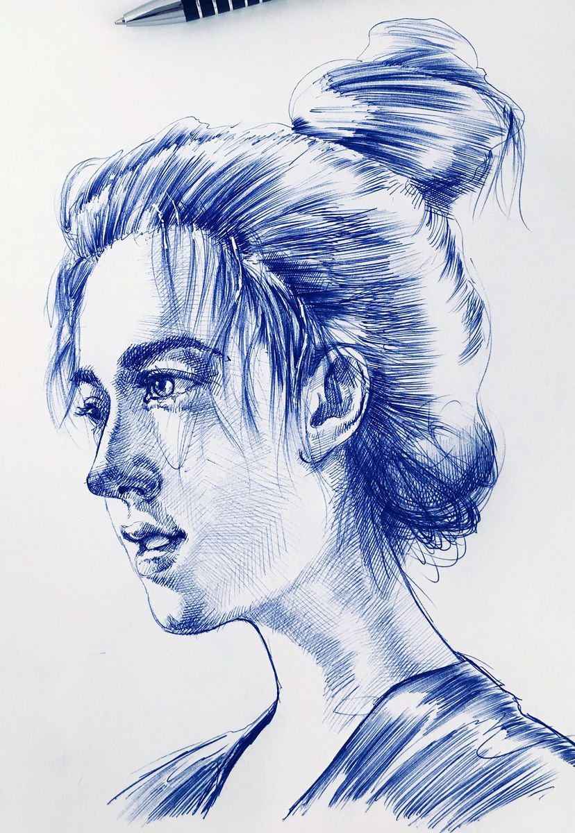 Expressive Portrait Ink Drawing By Dario Moschetta, 8 X 11, Portrait 216, Original Artwork