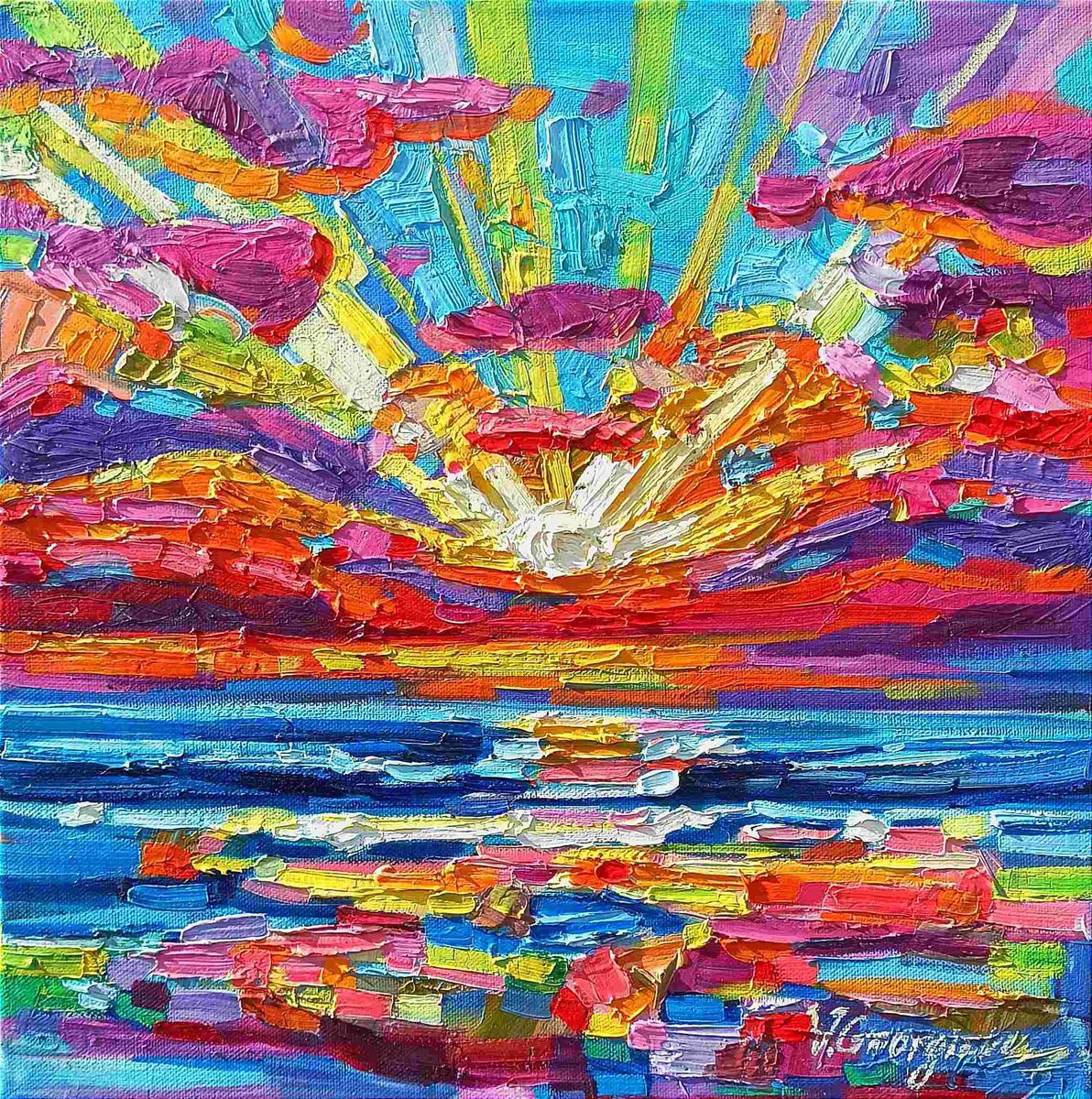 Expressive Landscape Oil Painting By Vanya Georgieva, 16 X 16", Beautiful Sea, Original Artwork